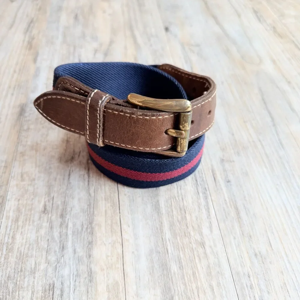 L.L.Bean Stretch Web Belt Size 40 Brown Leather Navy Red Stripe Brass Buckle
